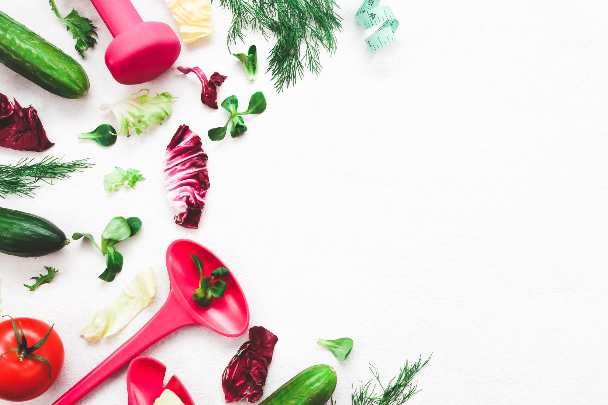 Colorful flat-lay of kitchen tools and fresh ingredients